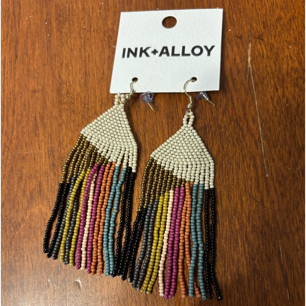Ink+Alloy Elise Angle with Stripes Seed Beaded Fringe Earrings Muted Rainbow